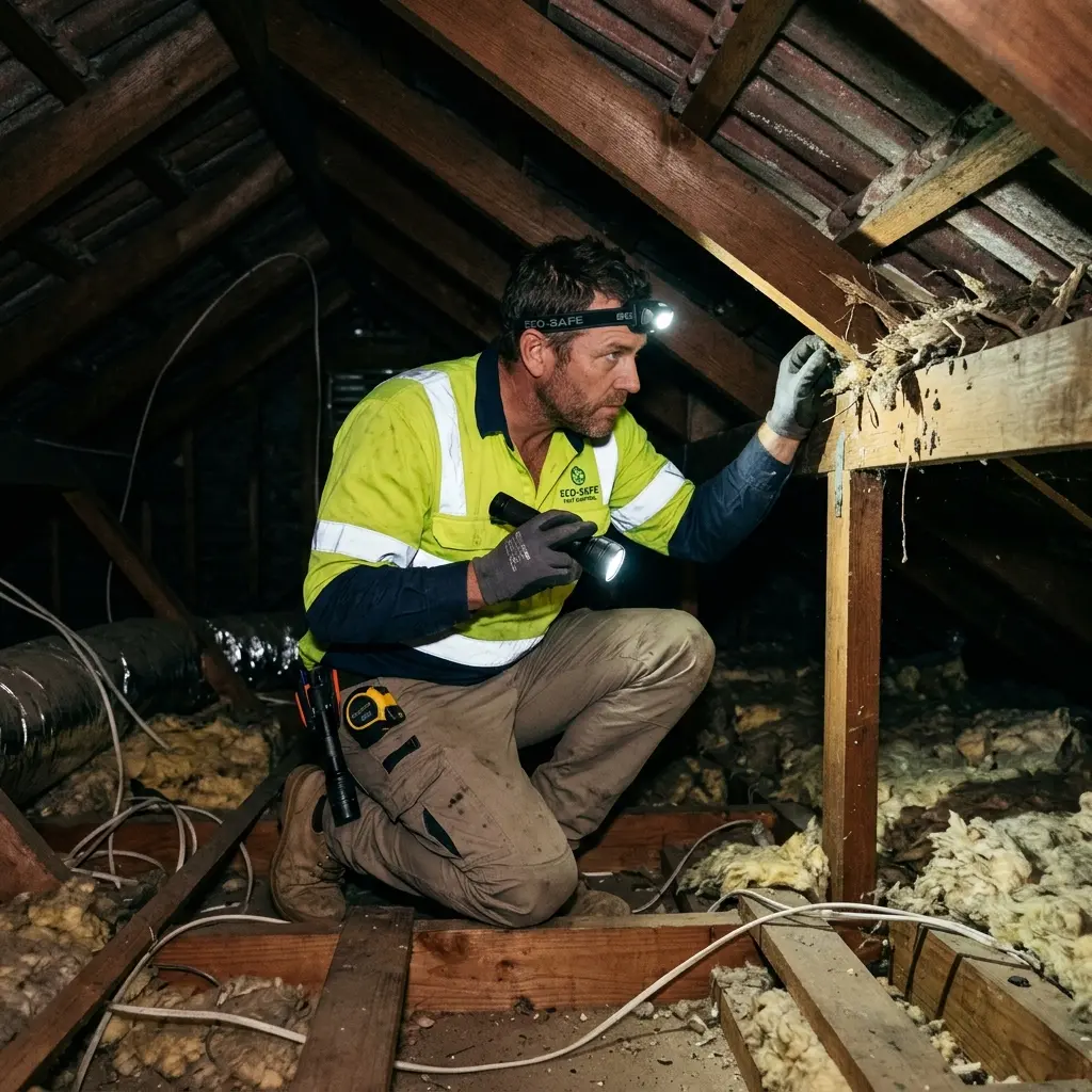 Technician inspecting a roof cavity for a dead animal in Eumemmerring