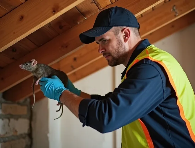 Technician inspecting a roof cavity for a dead rat in Eumemmerring